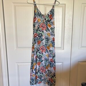 Roxy tropical print midi dress hibiscus beachy spring summer vacation floral